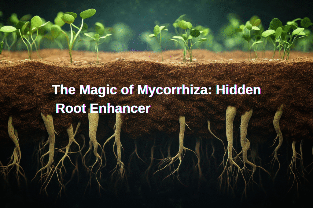 Illustration showing Mycorrhiza root enhancer fungi forming a symbiotic network around plant roots to boost nutrient absorption and plant growth.