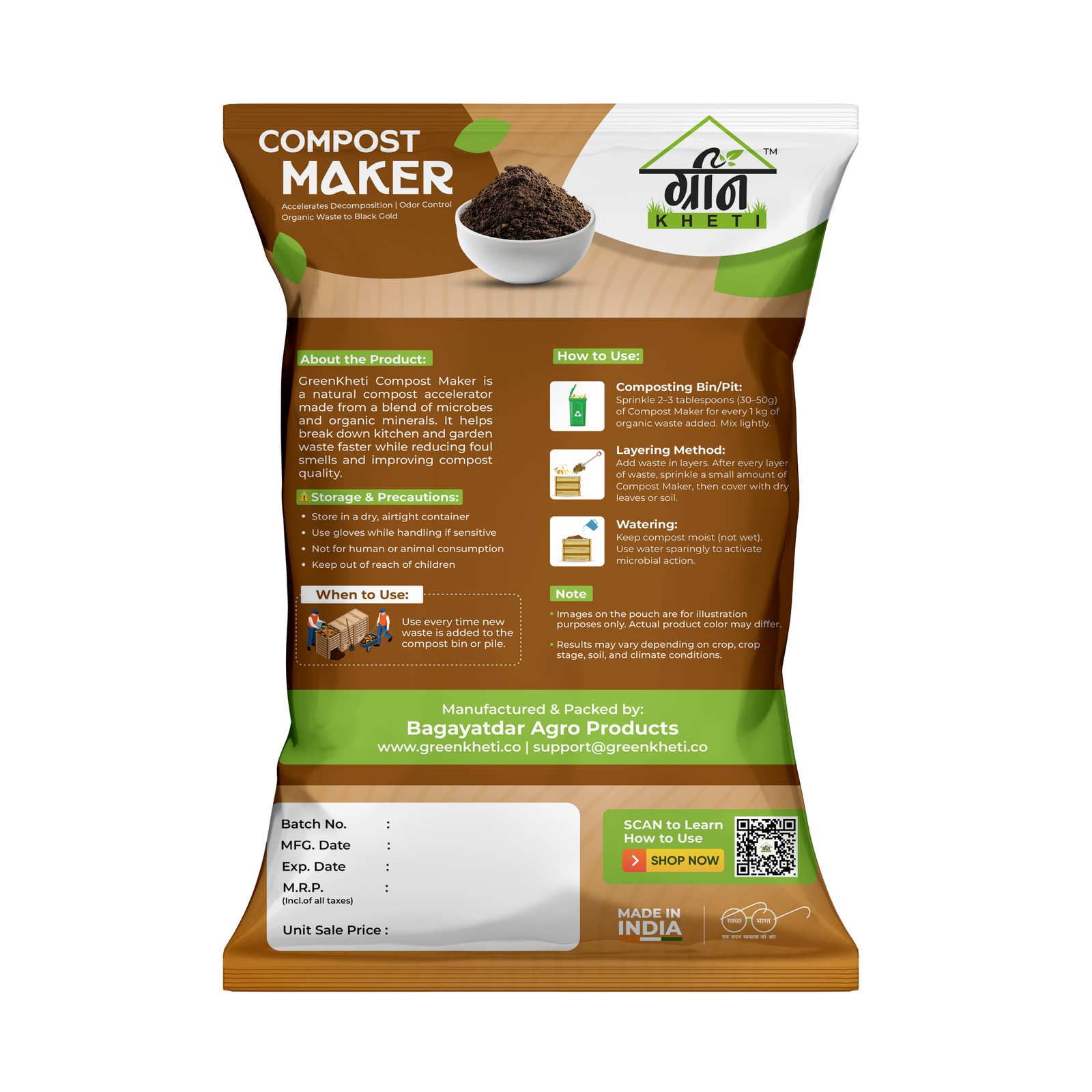 Back view of GreenKheti Compost Maker Bokashi Powder 900 g approx 1 kg – instructions and benefits for organic waste recycling