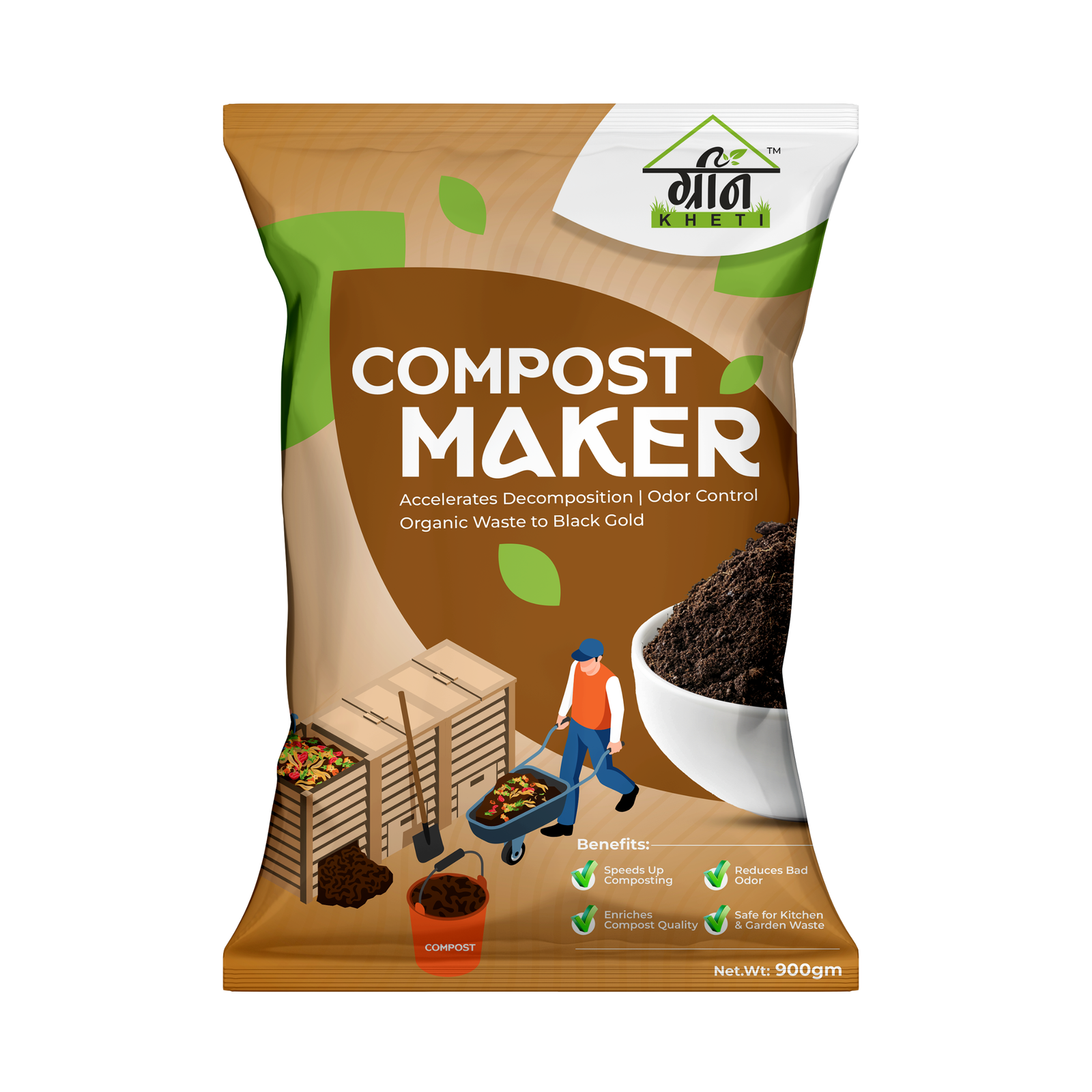 Front view of GreenKheti Compost Maker Bokashi Powder 900 g approx 1 kg – microbial accelerator for organic waste