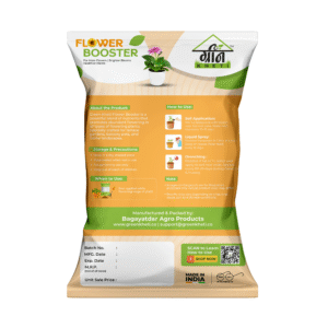 Back view of GreenKheti Flower Booster organic bloom enhancer 900 g approx 1 kg showing product details and directions
