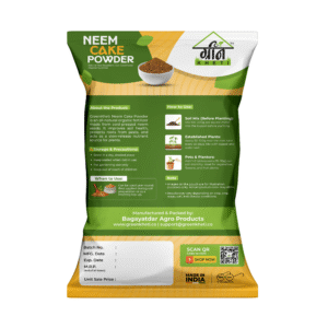 Back view of GreenKheti Neem Cake Powder showing usage instructions and benefits for plants and soil