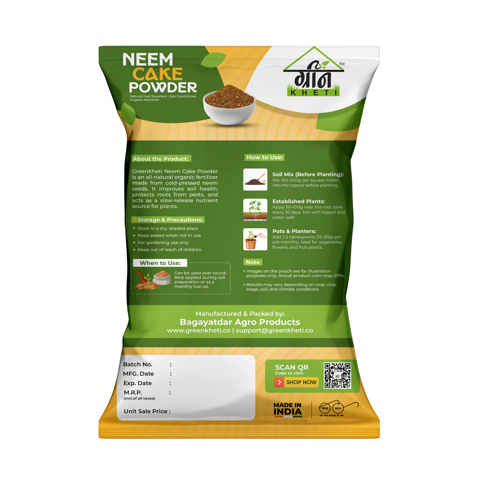 Back view of GreenKheti Neem Cake Powder showing usage instructions and benefits for plants and soil