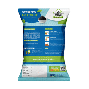 Back view of GreenKheti Seaweed Extract Granules showing usage instructions and benefits for plant growth