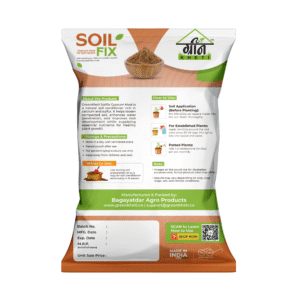 Back view of GreenKheti Soil Fix Gypsum Meal organic gypsum fertilizer 900 g (Approx 1 Kg) showing product details and usage instructions for healthier plants