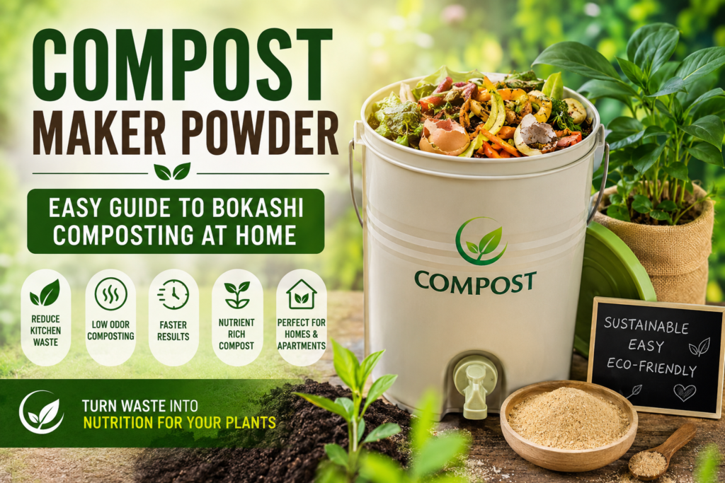 Compost maker powder guide showing bokashi composting process for converting kitchen waste into nutrient-rich compost at home