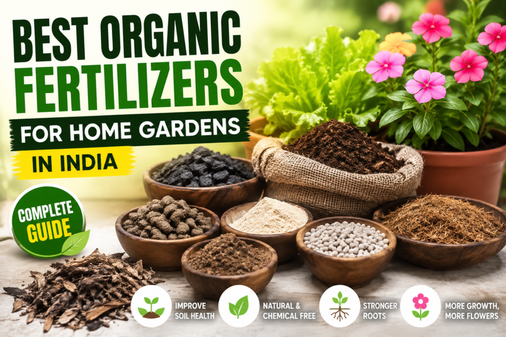 Best organic fertilizers for home gardens in India including vermicompost, neem cake, bone meal, seaweed extract and other natural plant nutrients.