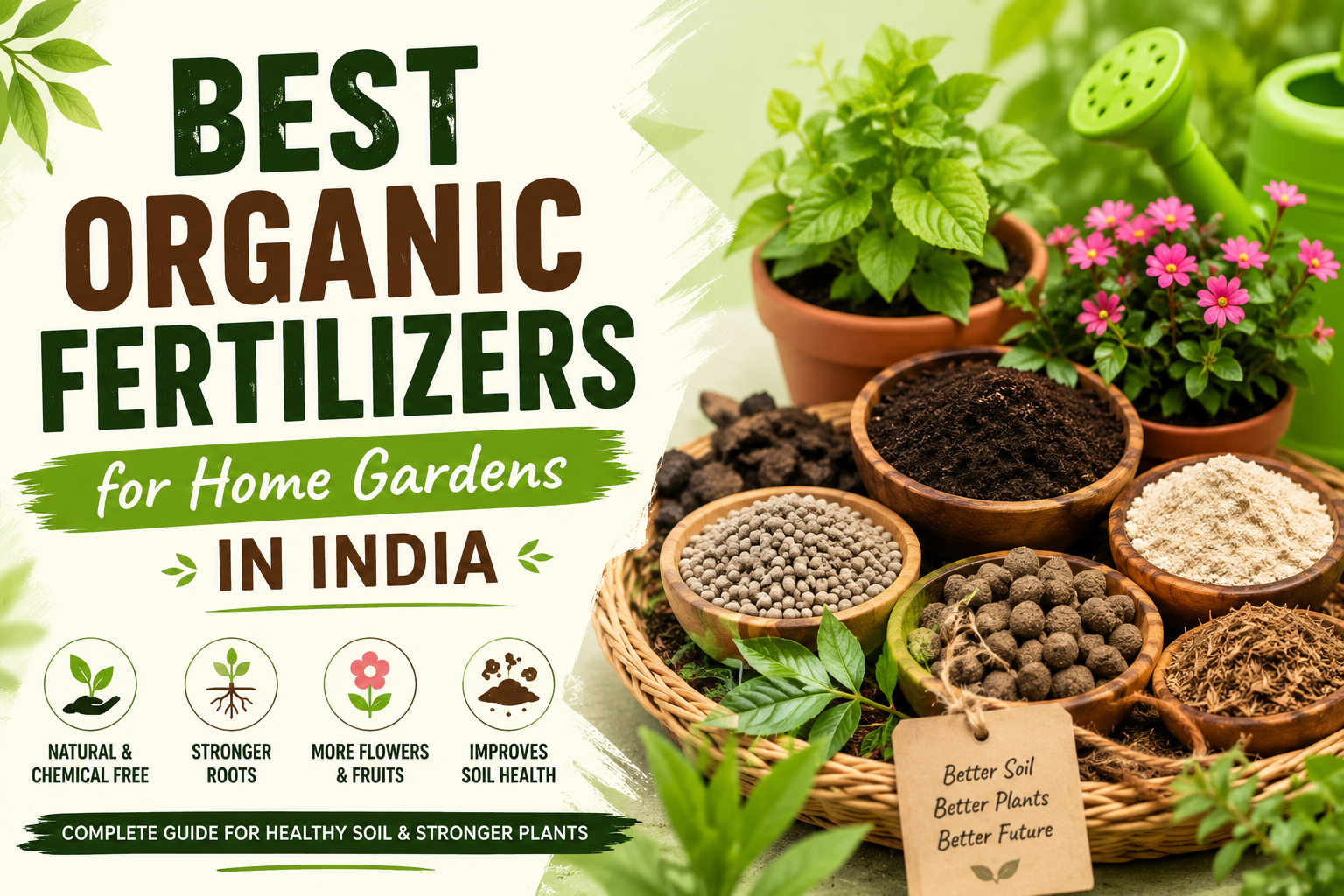 Best organic fertilizers for home gardens in India including vermicompost, neem cake, bone meal, seaweed extract and natural plant nutrients