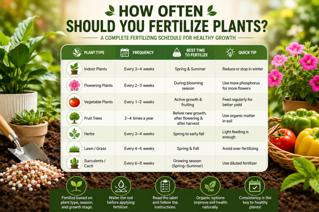 How Often Should You Fertilize Plants infographic showing fertilizing schedules for indoor plants, vegetables, flowering plants, fruit trees, lawns, and potted plants.