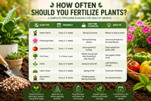How Often Should You Fertilize Plants infographic showing fertilizing schedules for indoor plants, vegetables, flowering plants, fruit trees, lawns, and potted plants.