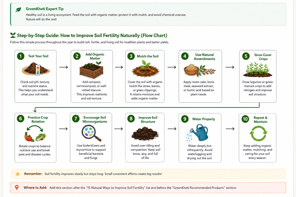 How to improve soil fertility naturally using compost, mulch, cover crops, biofertilizers, organic matter, and beneficial soil microorganisms.