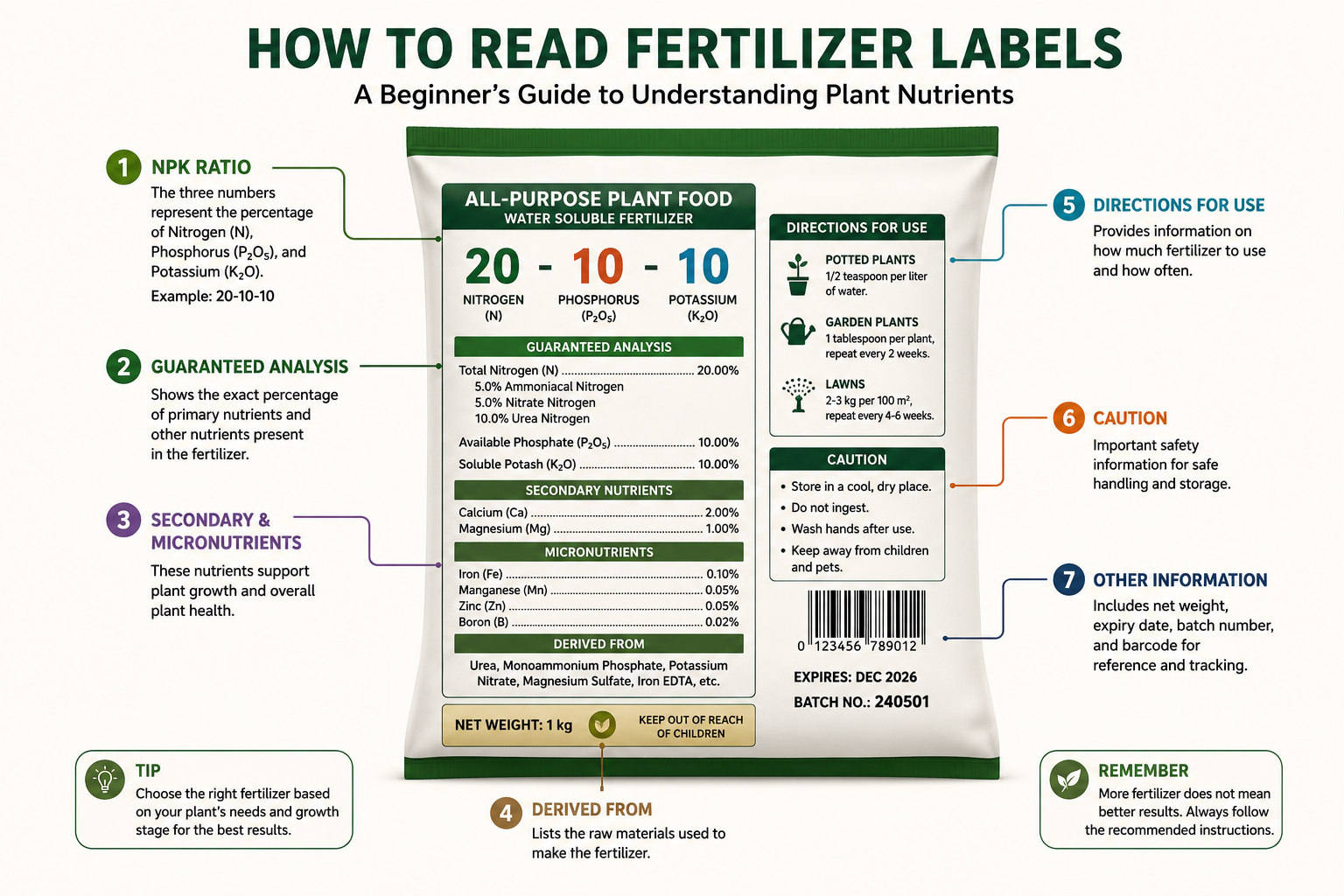 Fertilizer label guide showing NPK numbers, guaranteed analysis, and nutrient percentages for healthy plant growth