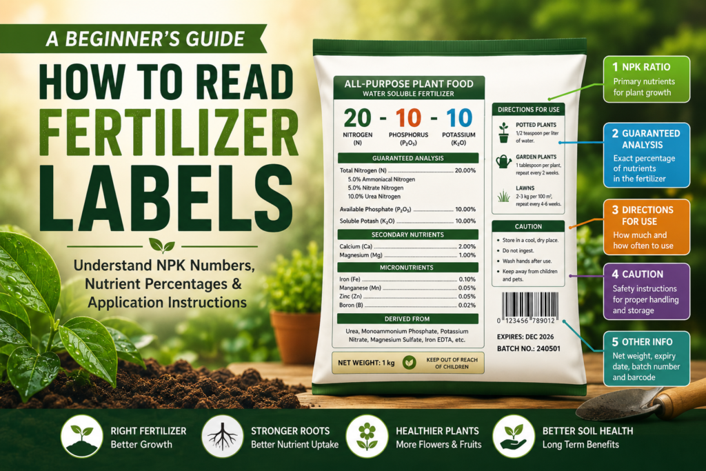 Illustration explaining how to read fertilizer labels with NPK numbers, guaranteed analysis, nutrient percentages, and application instructions.
