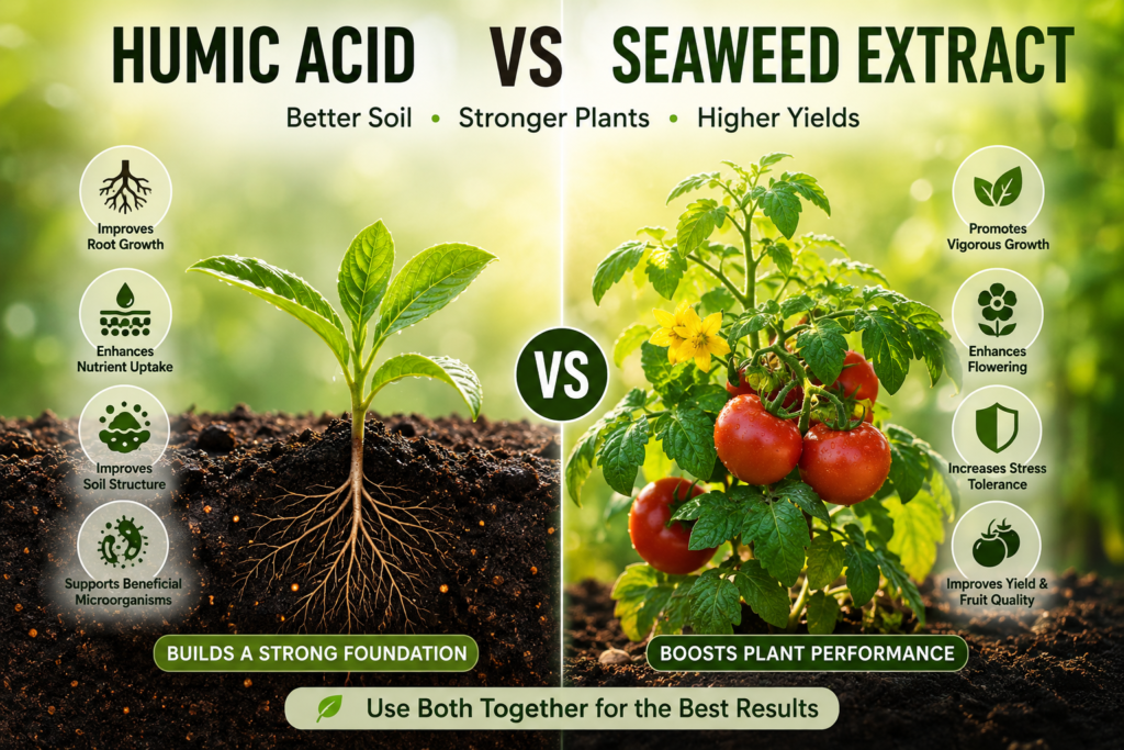 Humic Acid vs Seaweed Extract comparison showing soil improvement, root growth, flowering, and plant health benefits.