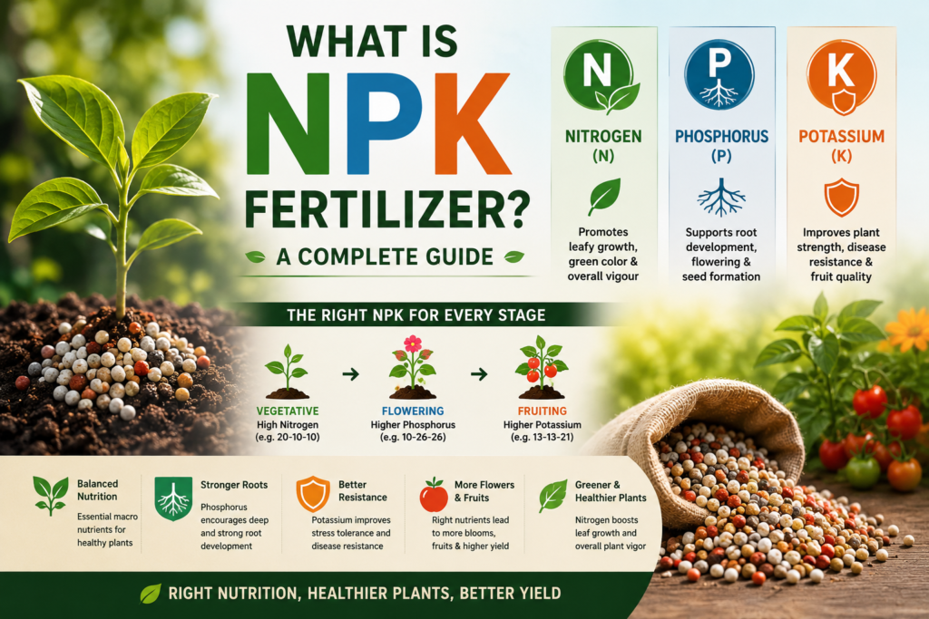 What is NPK fertilizer guide showing nitrogen phosphorus potassium nutrients and their role in healthy plant growth