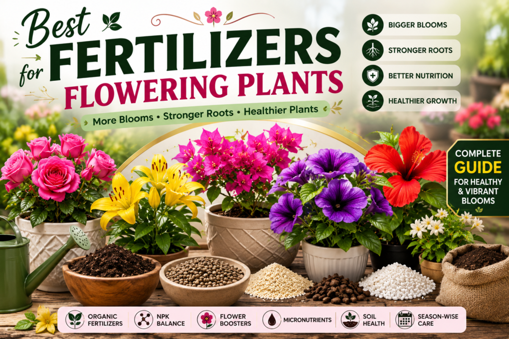 Best fertilizers for flowering plants showing organic fertilizers, flower booster, NPK nutrients and colorful flowering plants for healthy blooms.