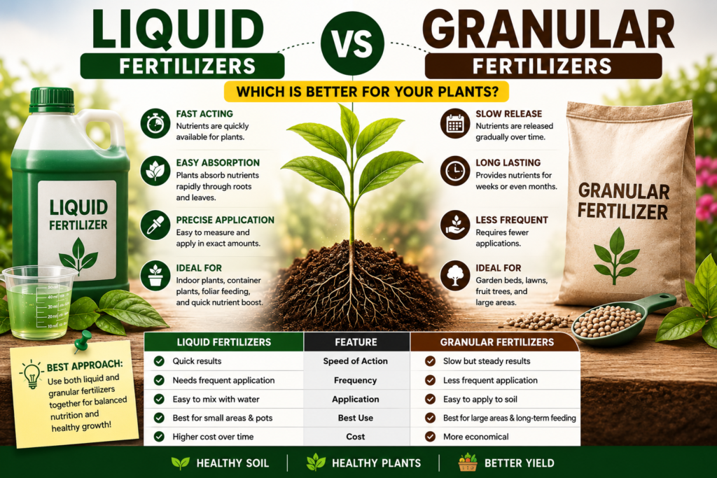 Liquid vs Granular Fertilizers comparison showing nutrient absorption, application methods, release speed, and the best uses for healthy plant growth.