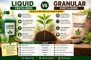 Liquid vs Granular Fertilizers comparison showing nutrient absorption, application methods, release speed, and the best uses for healthy plant growth.