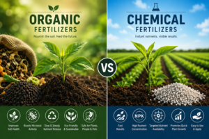Organic vs Chemical Fertilizers comparison showing differences in soil health, nutrient release, plant growth, and environmental impact.
